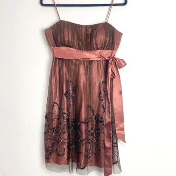 Vintage S.L. Fashions Bronze Metallic Tulle Satin Babydoll Mini Dress Fairycore - Picture 1 of 7